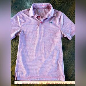 Men’s under Armour small collared golf church shirt polo pink gray
